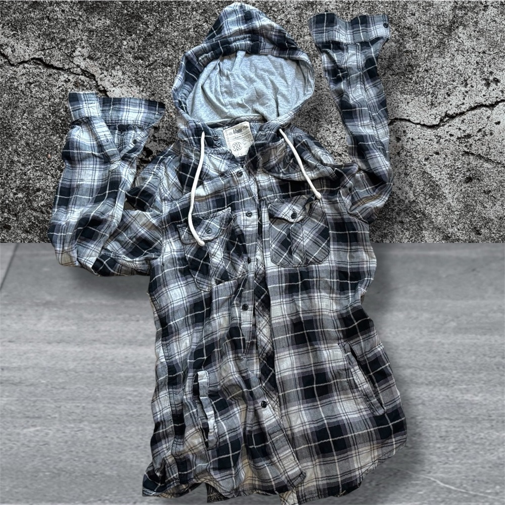 •USED• 44mm Casual Plaid Hooded Men's Small Buttoned Shirt